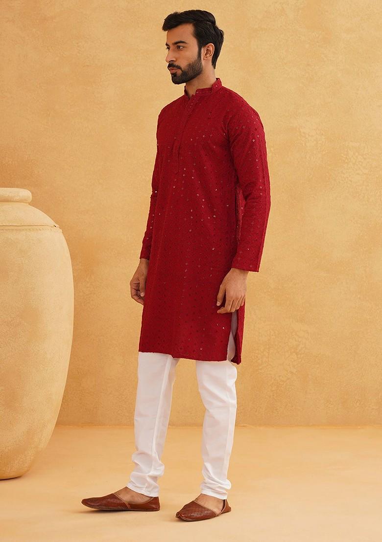 Maroon Embroidered Cotton Kurta Set For Men