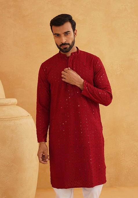 Maroon Embroidered Cotton Kurta Set For Men