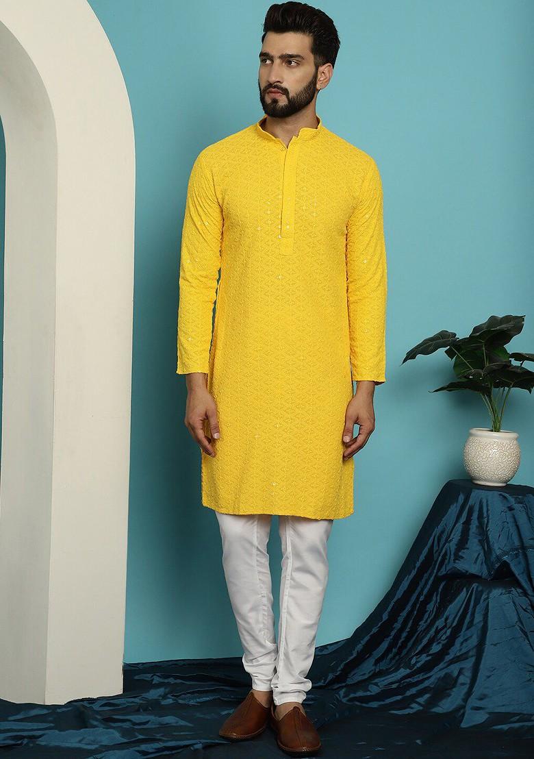 Yellow Embroidered Cotton Kurta Set For Men