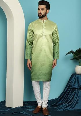 Green Solid Poly Blend Kurta Set For Men