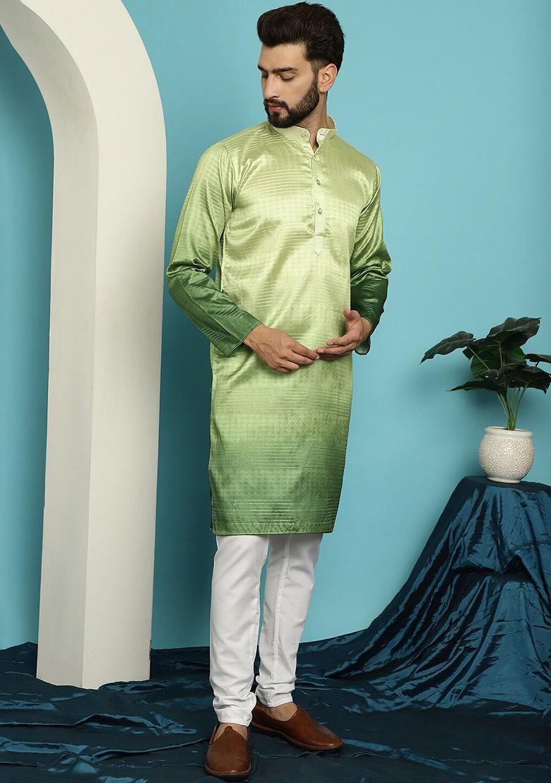 Green Solid Poly Blend Kurta Set For Men