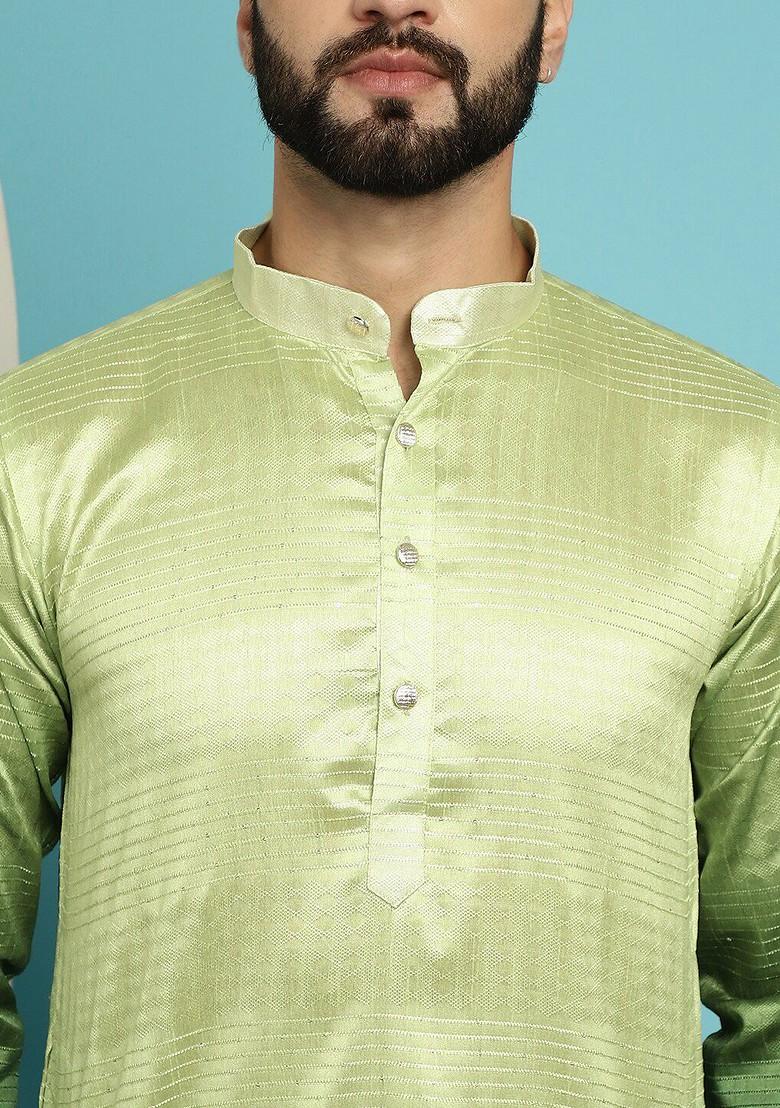 Green Solid Poly Blend Kurta Set For Men