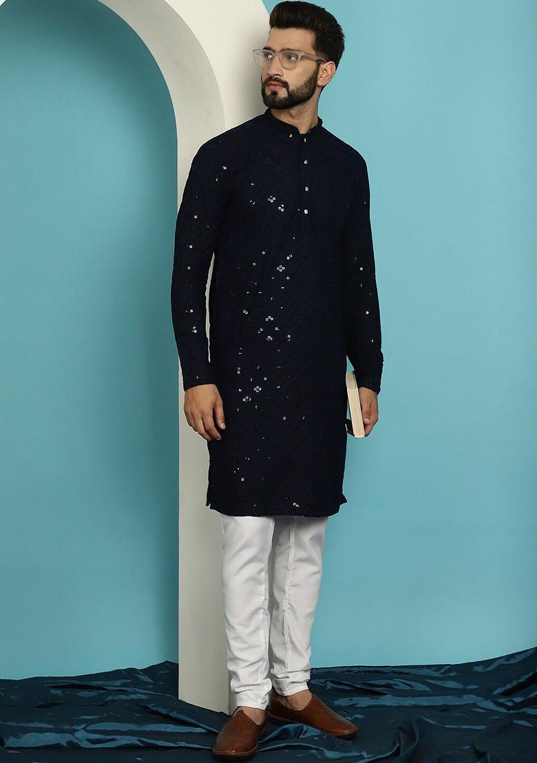 Navy Blue Embroidered Cotton Kurta Set For Men