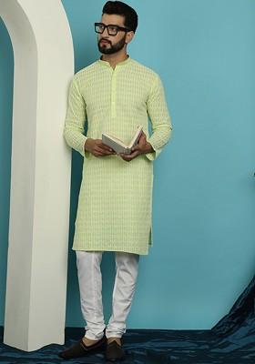 Lime Green Embroidered Cotton Kurta Set For Men