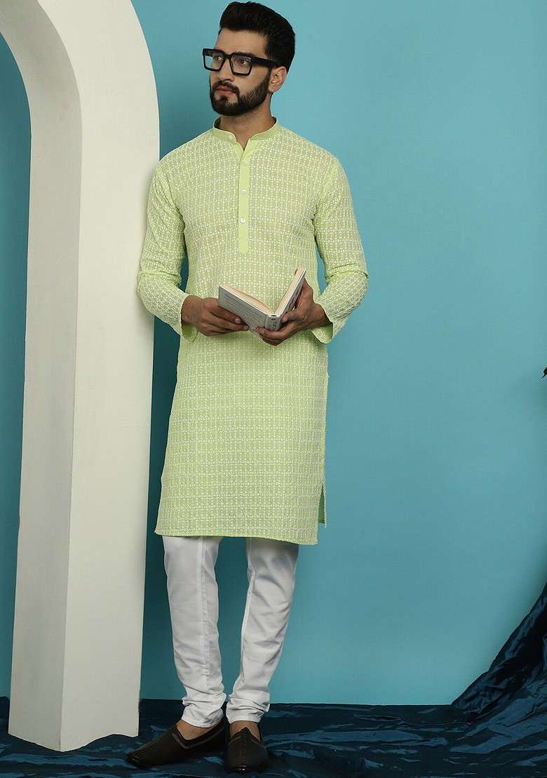 Lime Green Embroidered Cotton Kurta Set For Men - Indya