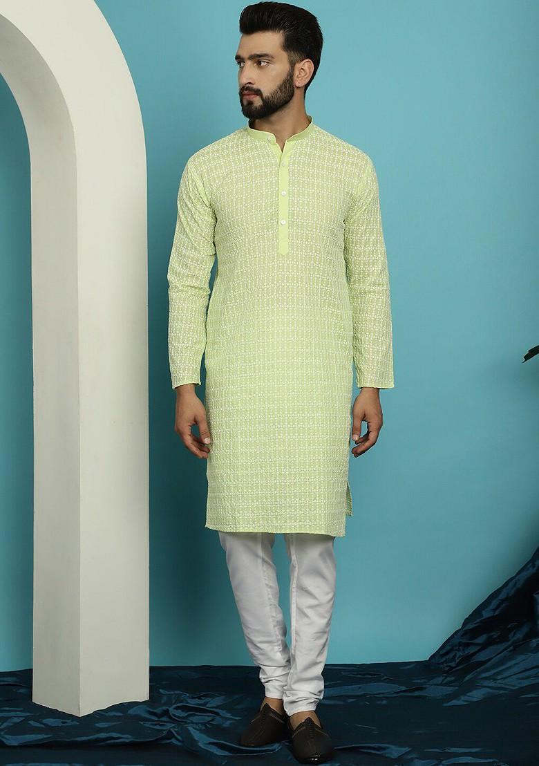 Lime Green Embroidered Cotton Kurta Set For Men