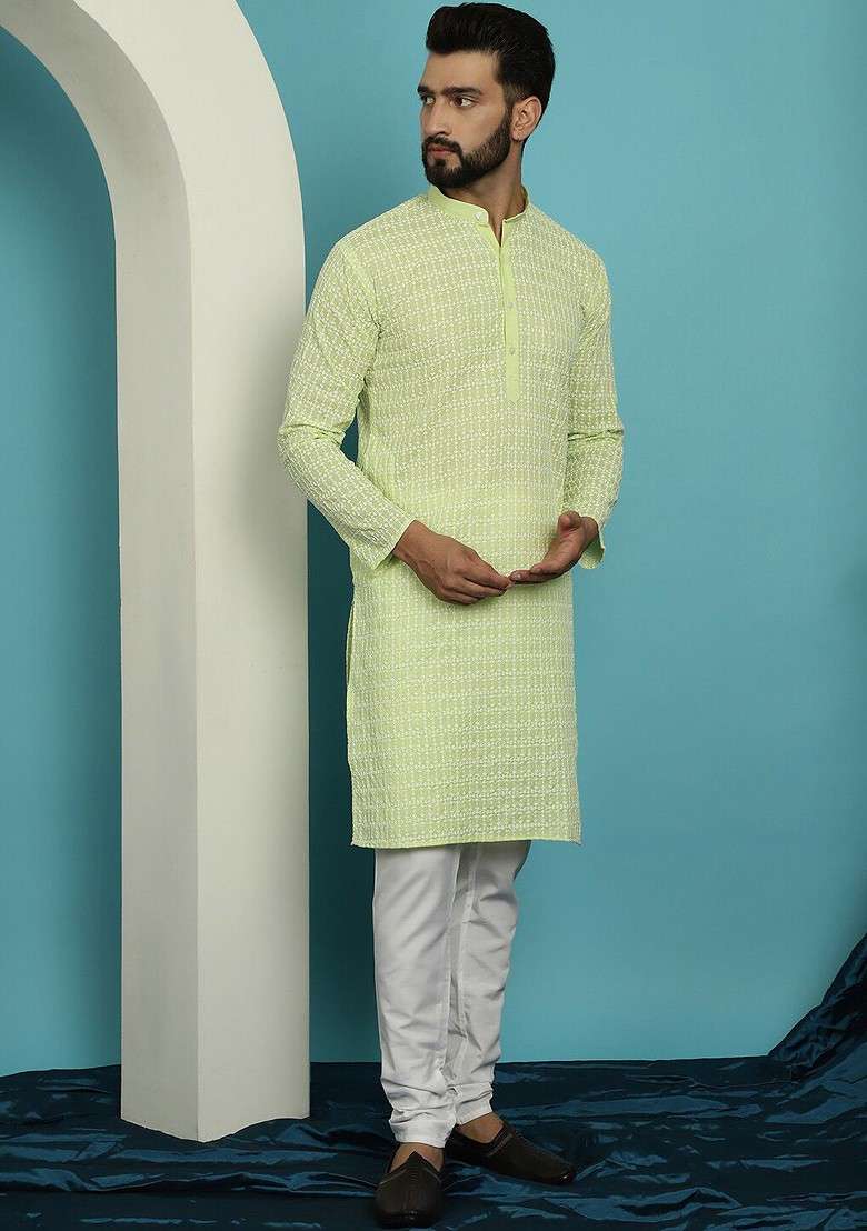 Lime Green Embroidered Cotton Kurta Set For Men - Indya