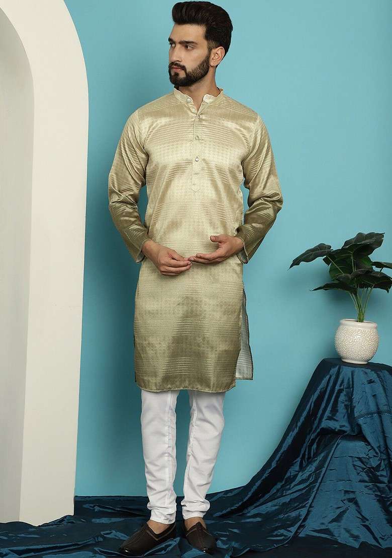 Olive Striped Poly Blend Kurta Set For Men - Indya