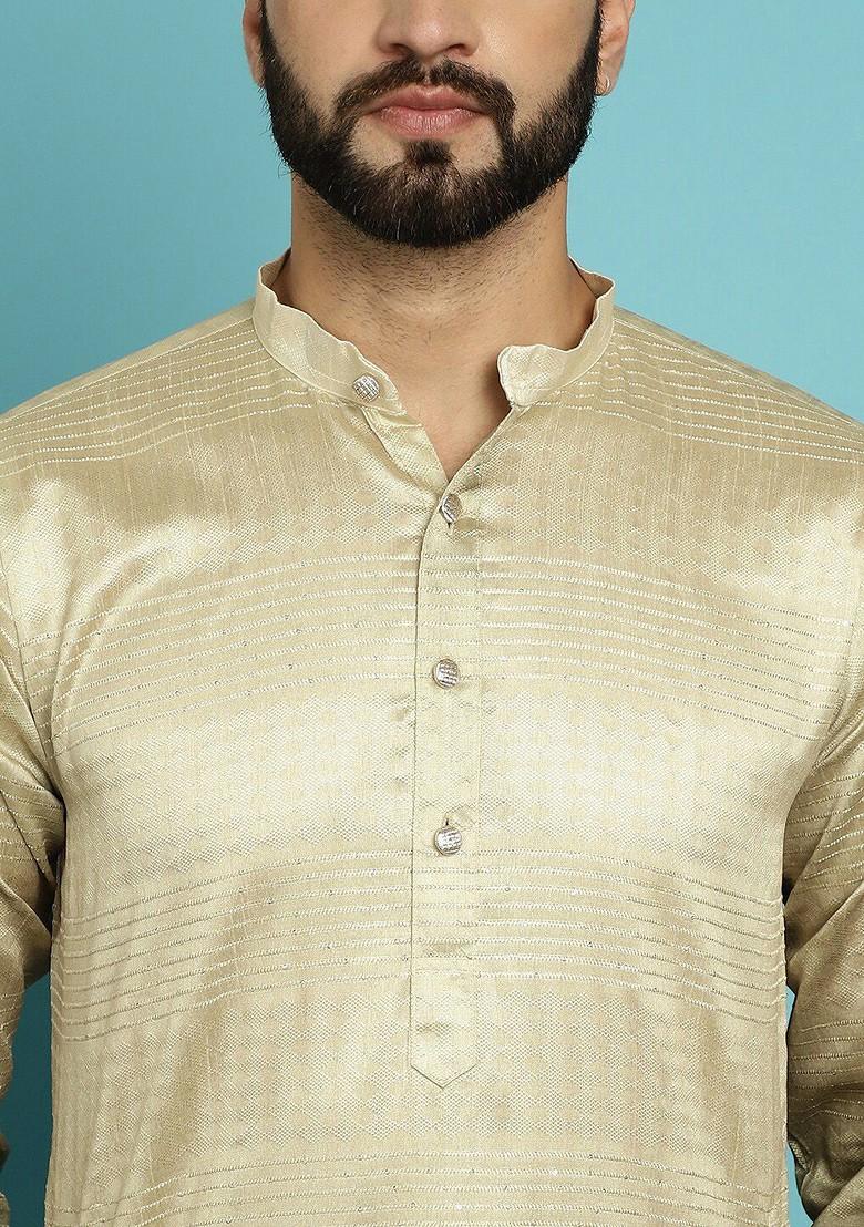 Olive Striped Poly Blend Kurta Set For Men