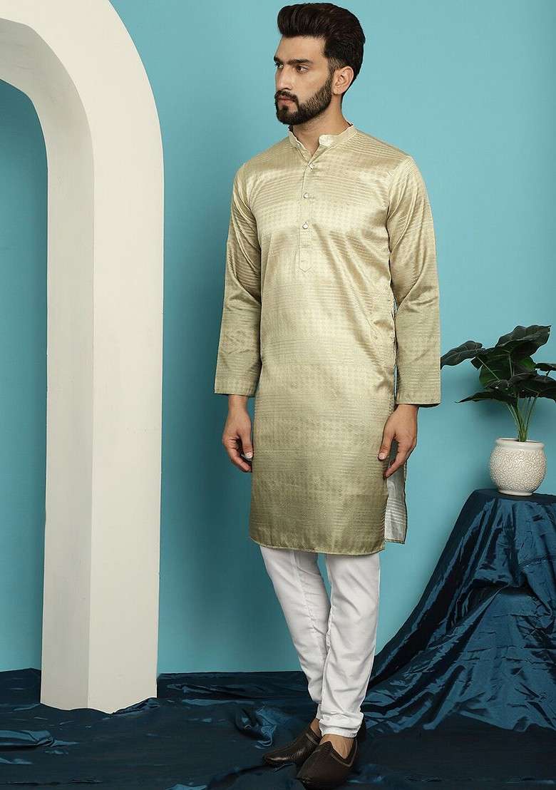 Olive Striped Poly Blend Kurta Set For Men - Indya