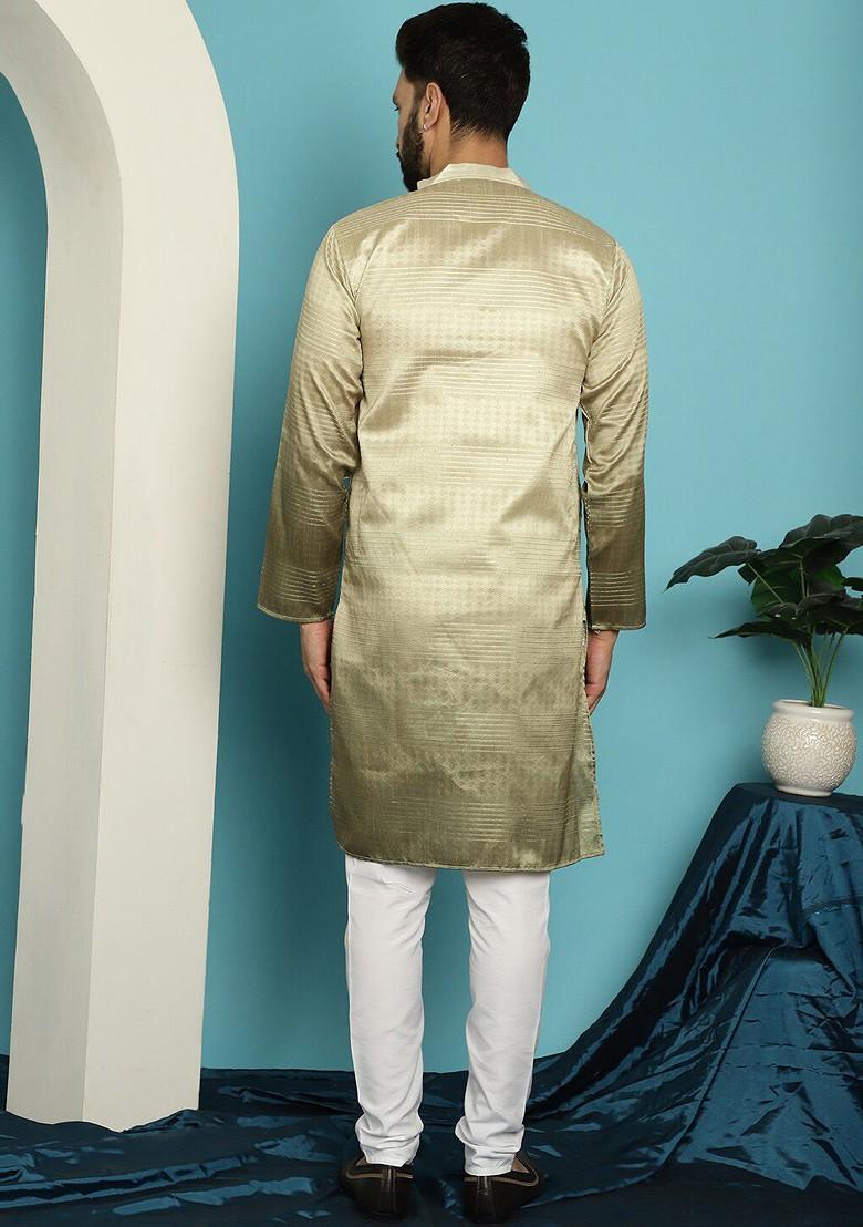 Olive Striped Poly Blend Kurta Set For Men