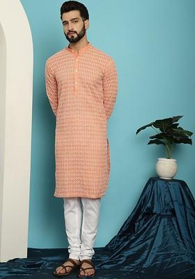 Peach Embroidered Cotton Kurta Set For Men