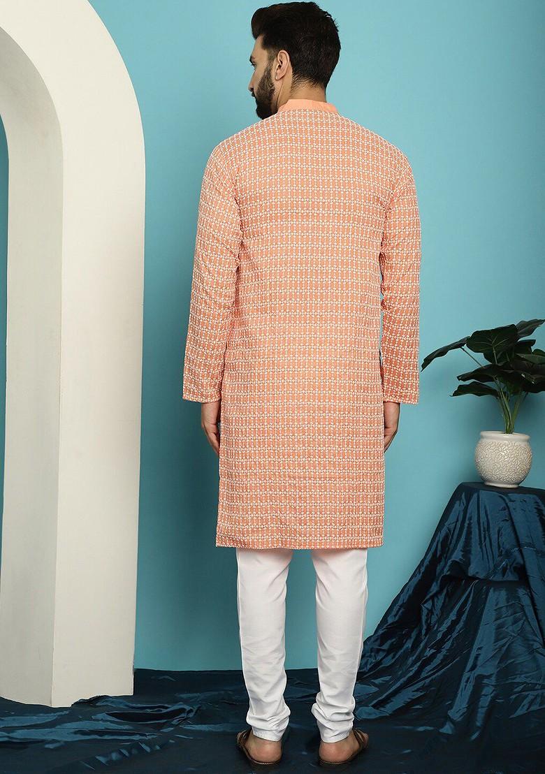 Peach Embroidered Cotton Kurta Set For Men