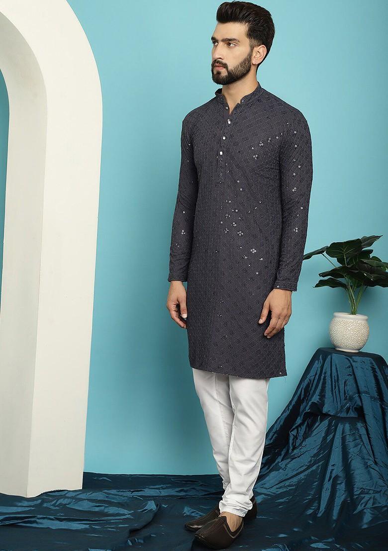 Grey Embroidered Cotton Kurta Set For Men
