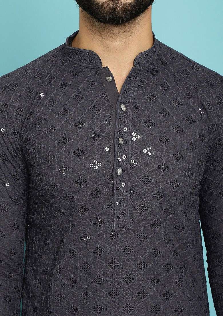 Grey Embroidered Cotton Kurta Set For Men - Indya