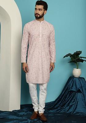 Pink Embroidered Cotton Kurta Set For Men