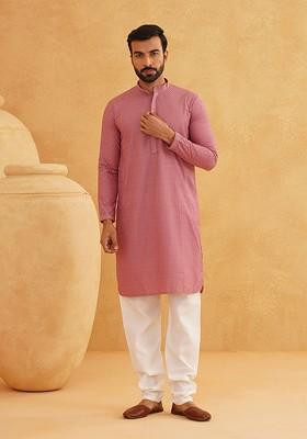 Coral Pink Embroidered Cotton Kurta Set For Men
