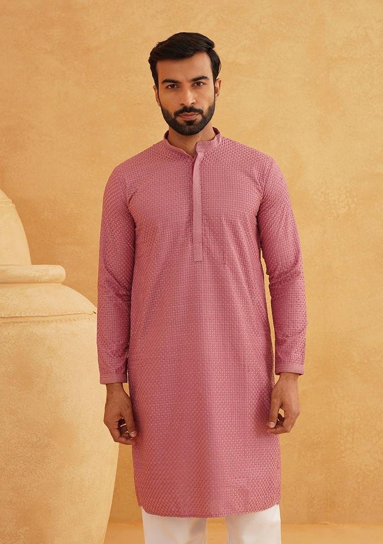 Coral Pink Embroidered Cotton Kurta Set For Men