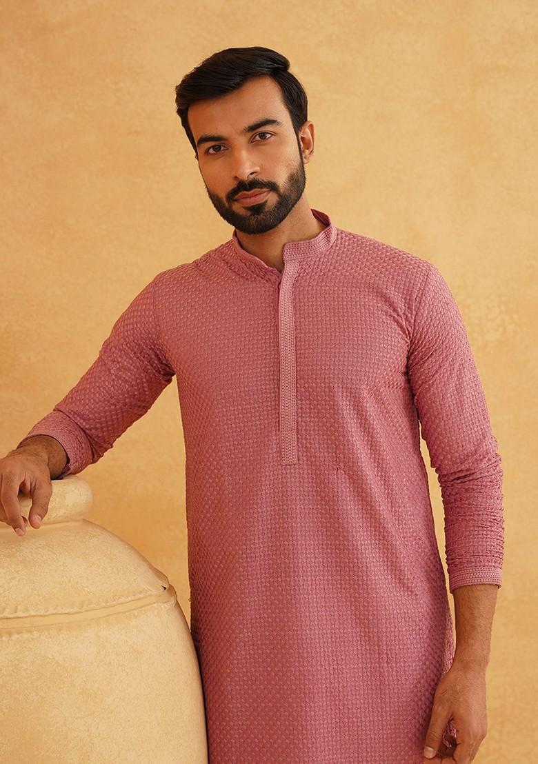 Coral Pink Embroidered Cotton Kurta Set For Men