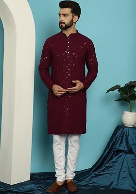 Purple Embroidered Cotton Kurta Set For Men