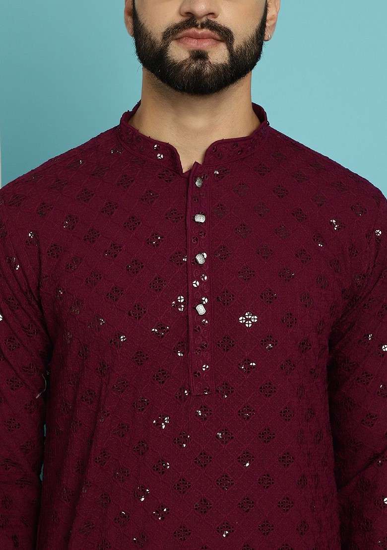 Purple Embroidered Cotton Kurta Set For Men - Indya