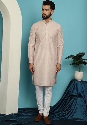 Peach Ethnic Motifs Poly Blend Kurta Set For Men
