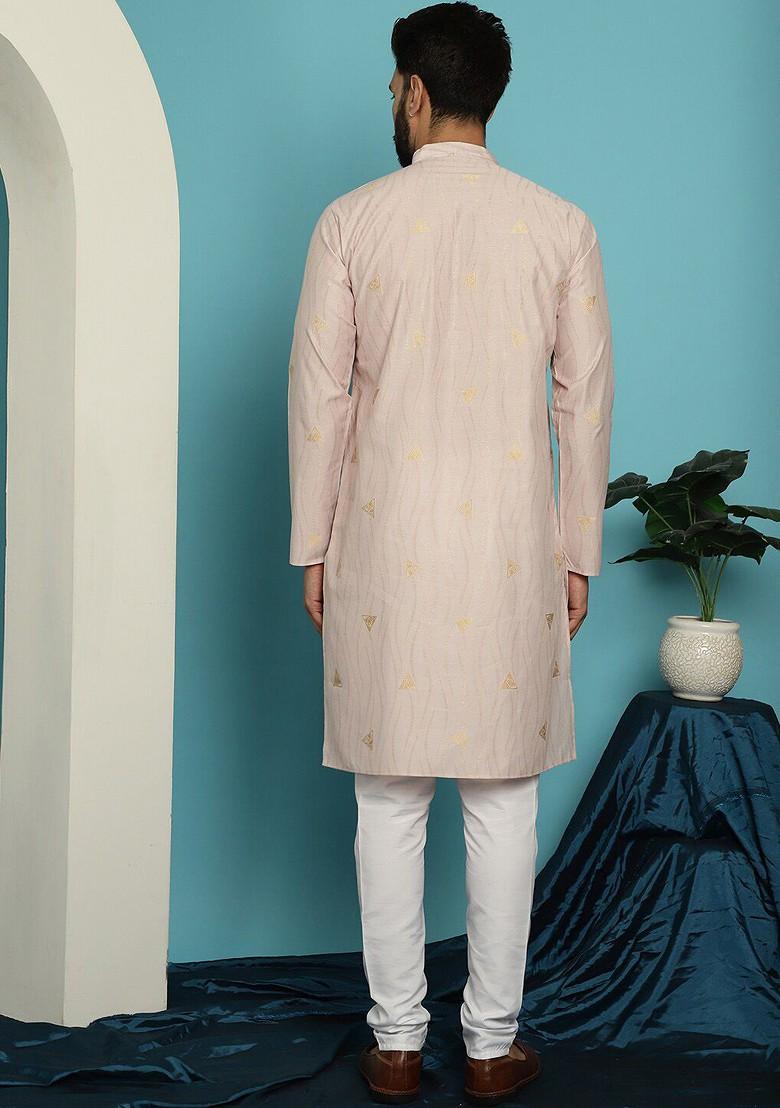 Peach Ethnic Motifs Poly Blend Kurta Set For Men