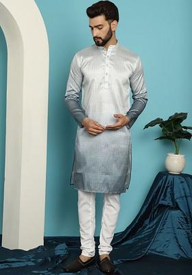 Grey Woven Poly Blend Kurta Set For Men