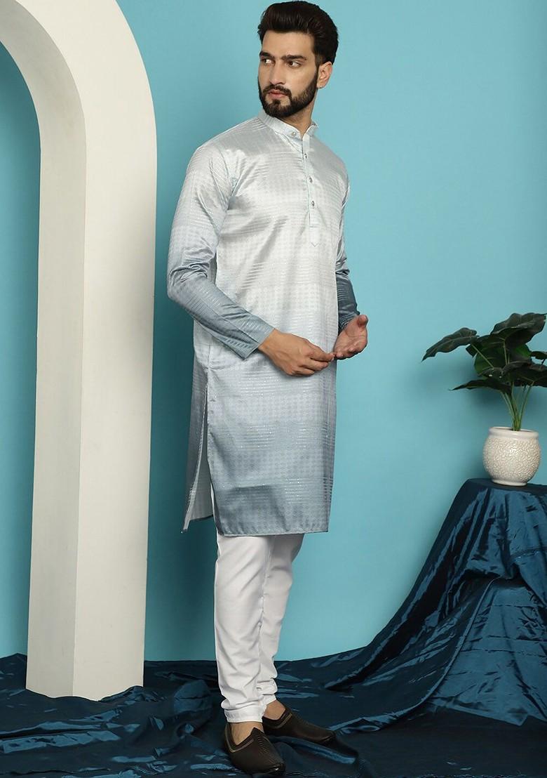 Grey Woven Poly Blend Kurta Set For Men