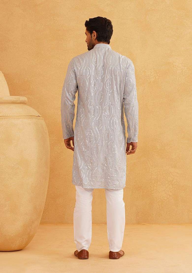 Grey Embroidered Cotton Kurta Set For Men - Indya