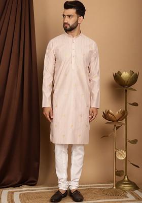 Peach Printed Poly Blend Kurta Set For Men