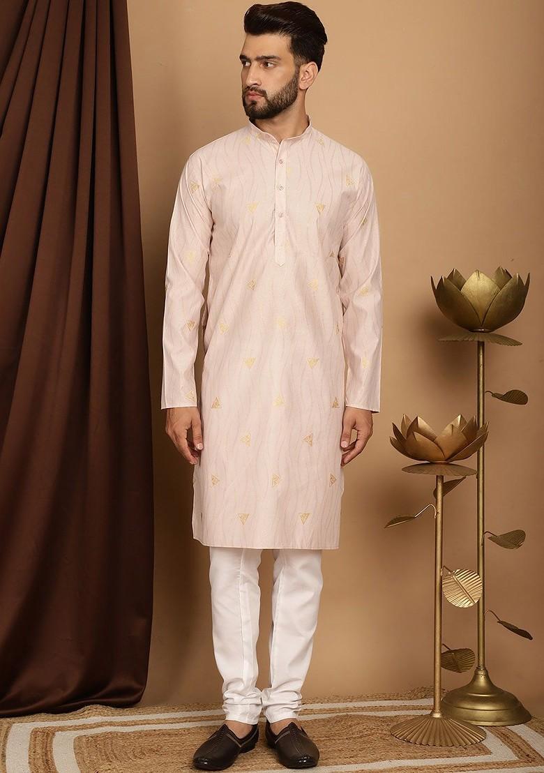 Peach Printed Poly Blend Kurta Set For Men