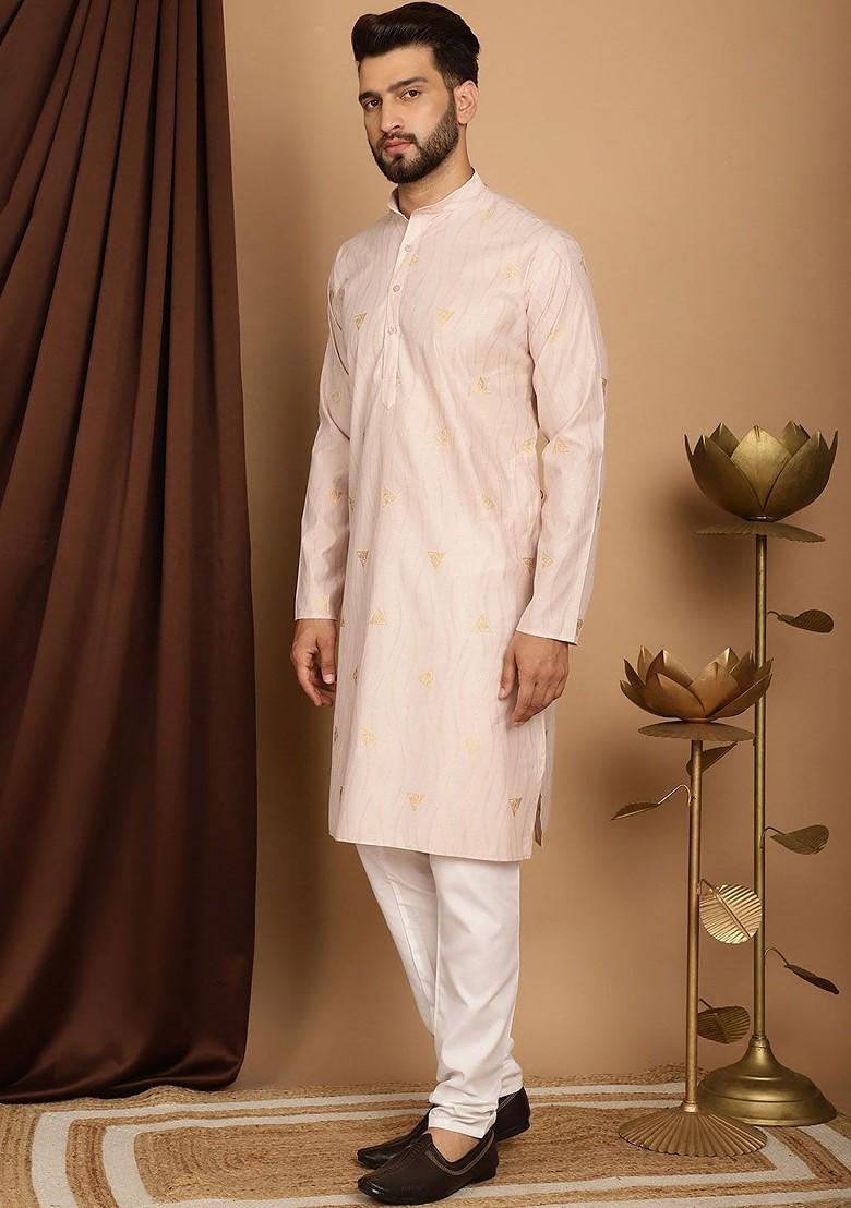 Peach Printed Poly Blend Kurta Set For Men