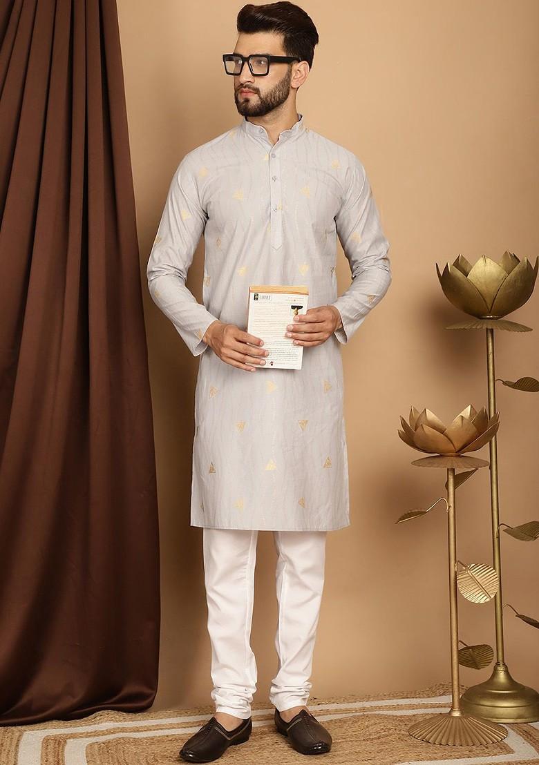 Grey Solid Poly Blend Kurta Set For Men