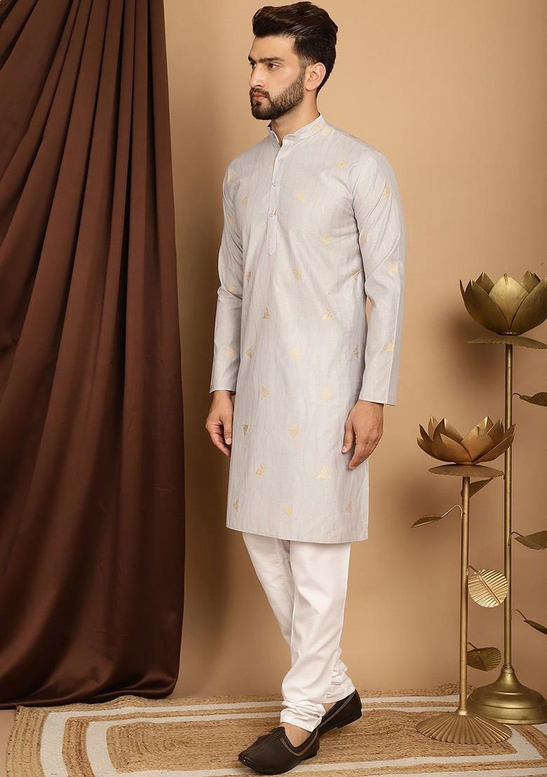 Grey Solid Poly Blend Kurta Set For Men