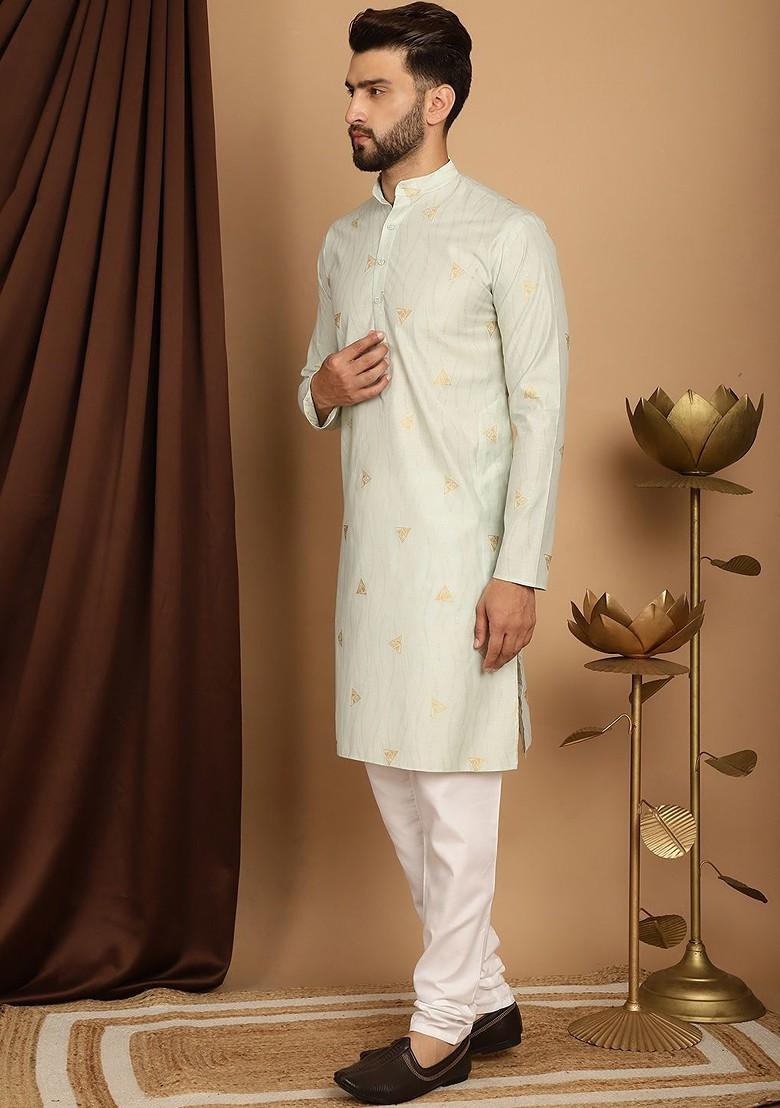 Green Printed Poly Blend Kurta Set For Men
