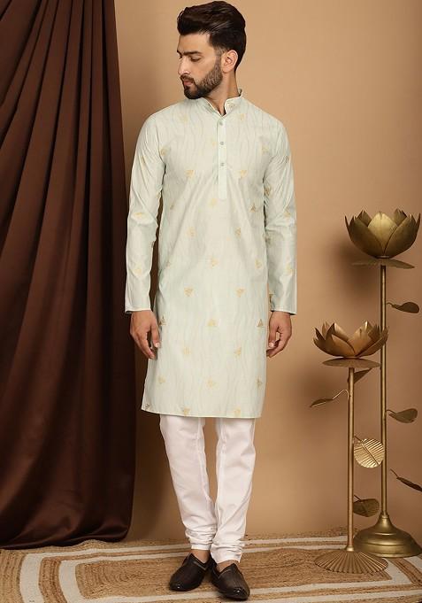 Green Printed Poly Blend Kurta Set For Men