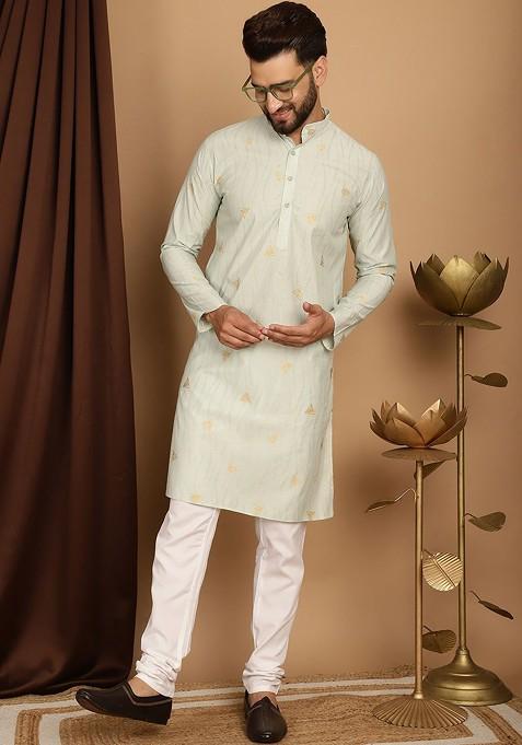 Green Printed Poly Blend Kurta Set For Men