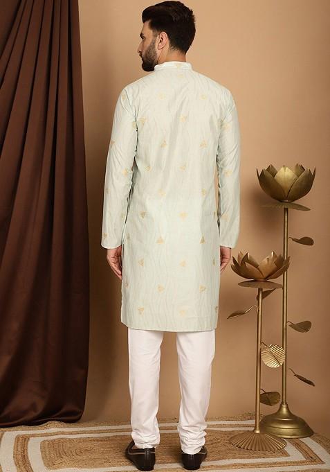 Green Printed Poly Blend Kurta Set For Men