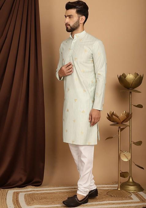 Green Printed Poly Blend Kurta Set For Men