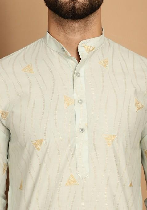 Green Printed Poly Blend Kurta Set For Men
