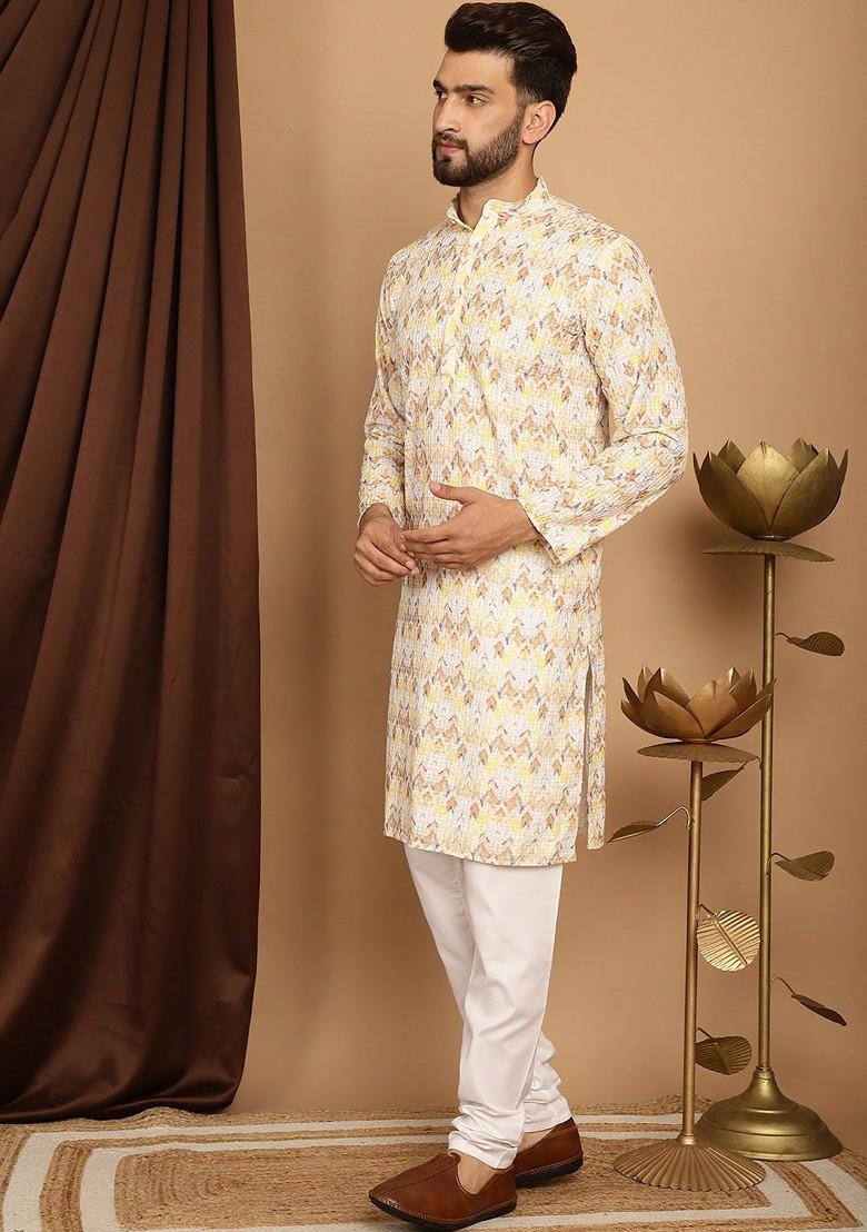Yellow Embroidered Cotton Kurta Set For Men