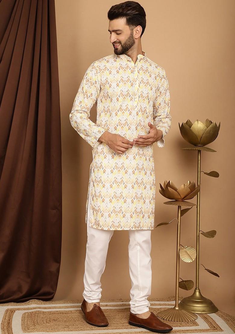 Yellow Embroidered Cotton Kurta Set For Men