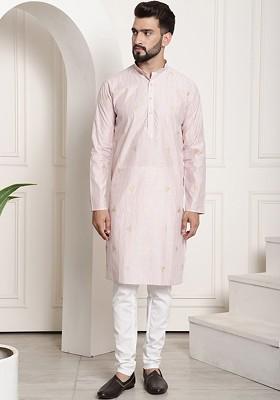 Peach Printed Poly Blend Kurta Set For Men