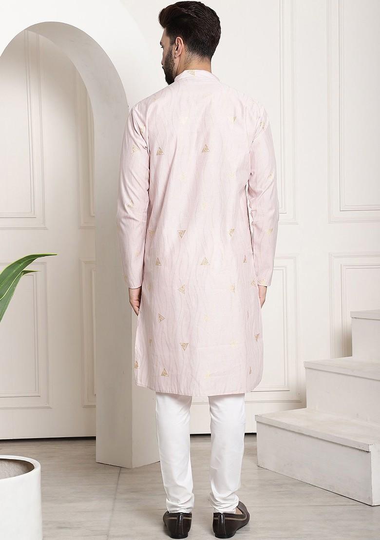 Peach Printed Poly Blend Kurta Set For Men