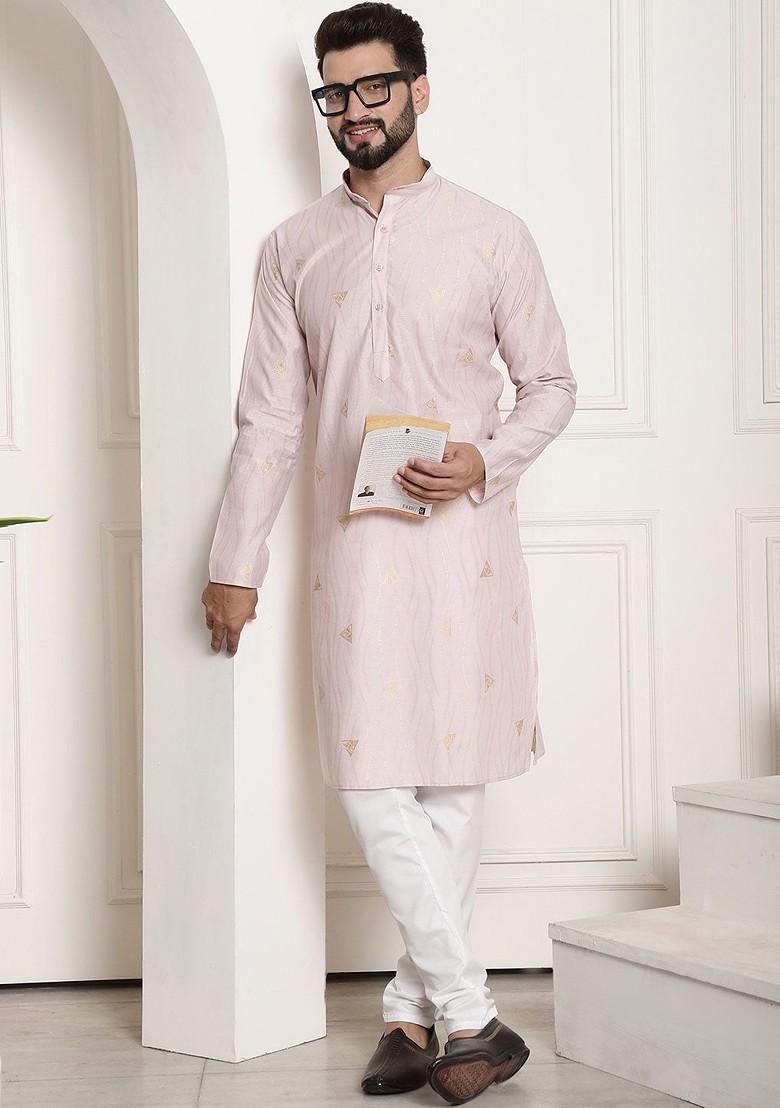 Peach Printed Poly Blend Kurta Set For Men