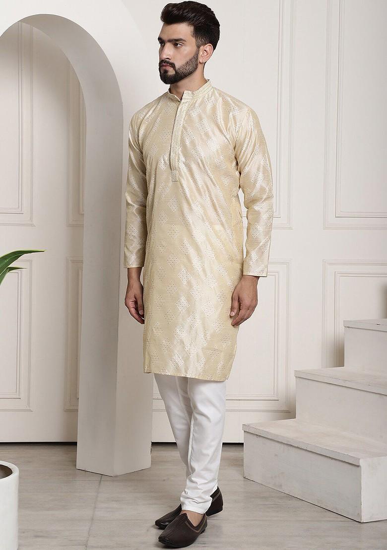 Gold Embroidered Poly Blend Kurta Set For Men