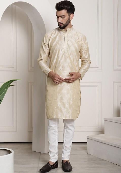 Gold Embroidered Poly Blend Kurta Set For Men