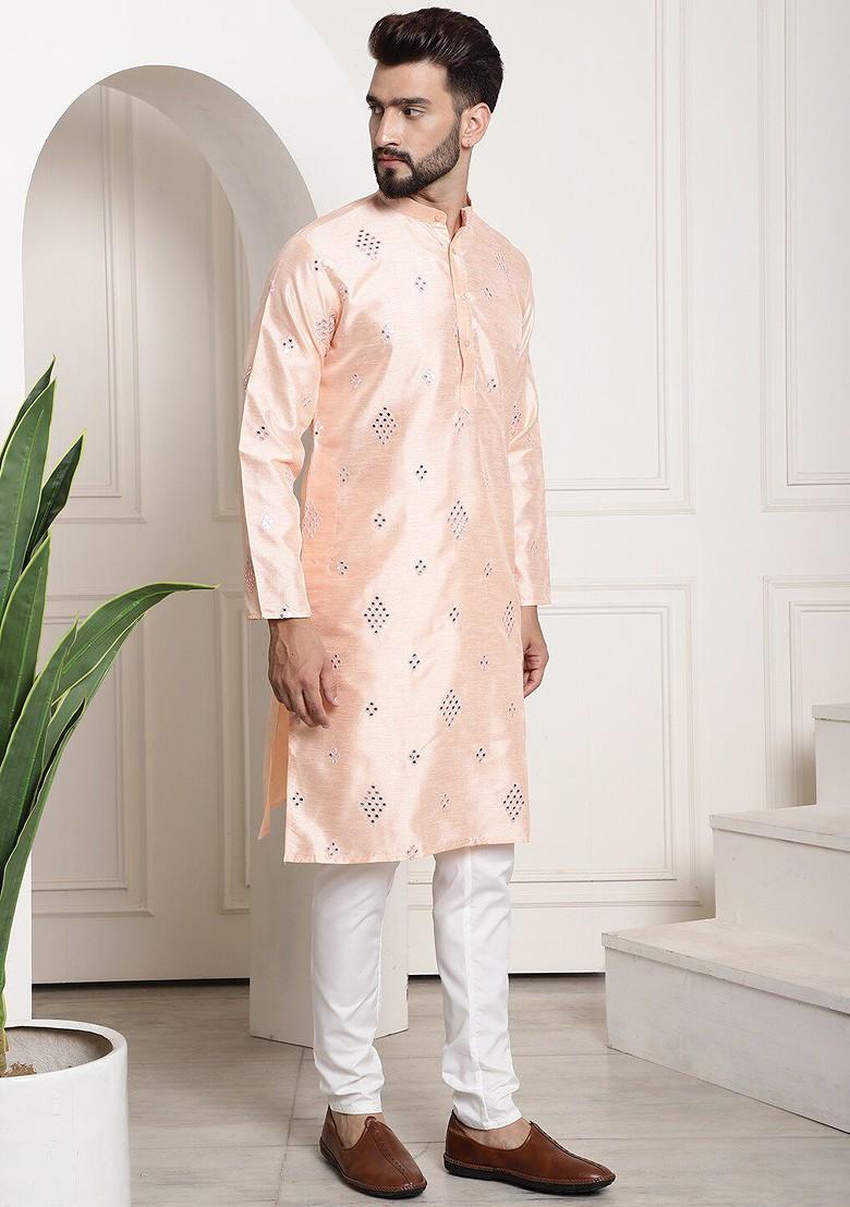 Peach Embroidered Poly Blend Kurta Set For Men