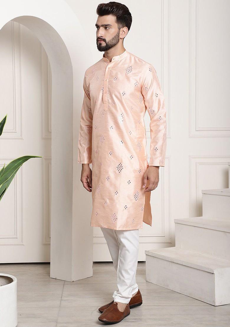 Peach Embroidered Poly Blend Kurta Set For Men